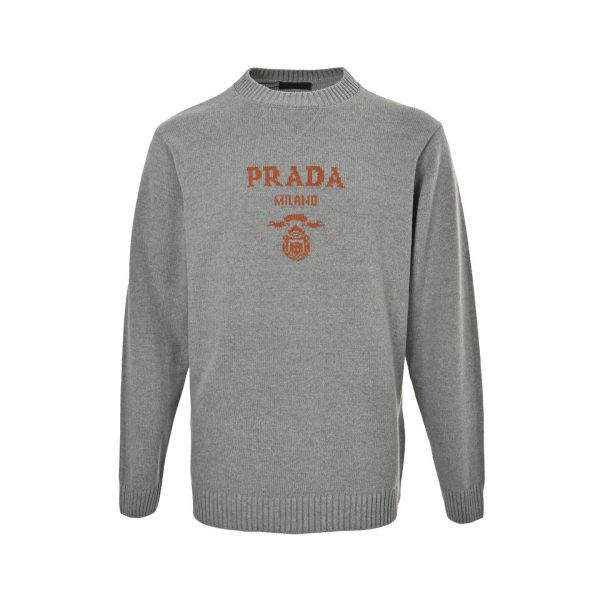 Prada Cashmere and Wool Logo Crew-neck Sweater- Gray