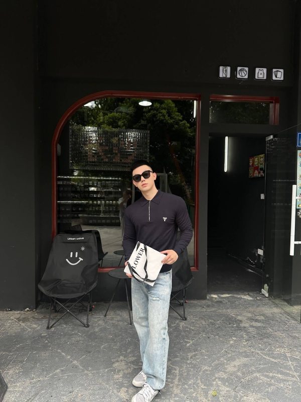 Prada Knitted Half-Zip Knit Long-Sleeve Wool Polo Shirt- Dark Blue