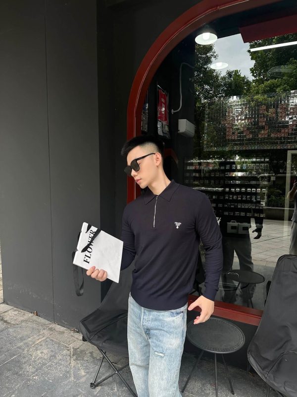 Prada Knitted Half-Zip Knit Long-Sleeve Wool Polo Shirt- Dark Blue