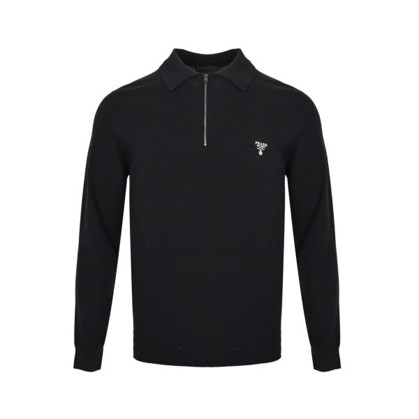 Prada Knitted Half-Zip Knit Long-Sleeve Wool Polo Shirt- Dark Blue