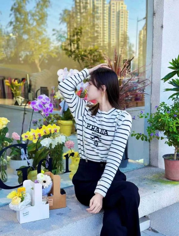 Prada Logo Striped Wool and Cashmere Sweater- White (5) Prada Logo Striped Wool and Cashmere Sweater- White