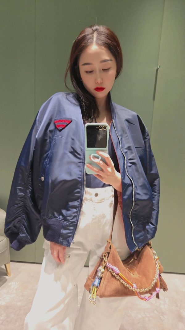 Prada Triangular logo-patch Bomber Jacket- Dark Blue (1) Prada Triangular logo-patch Bomber Jacket- Dark Blue