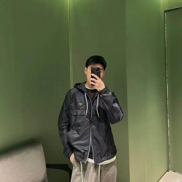 Prada Zipper Recycled Re-Nylon Hooded Jacket- Navy Blue