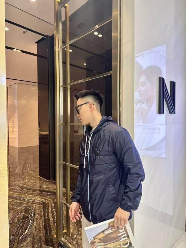 Prada Zipper Recycled Re-Nylon Hooded Jacket- Navy Blue