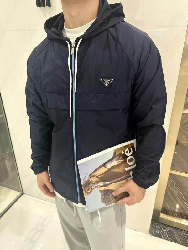 Prada Zipper Recycled Re-Nylon Hooded Jacket- Navy Blue