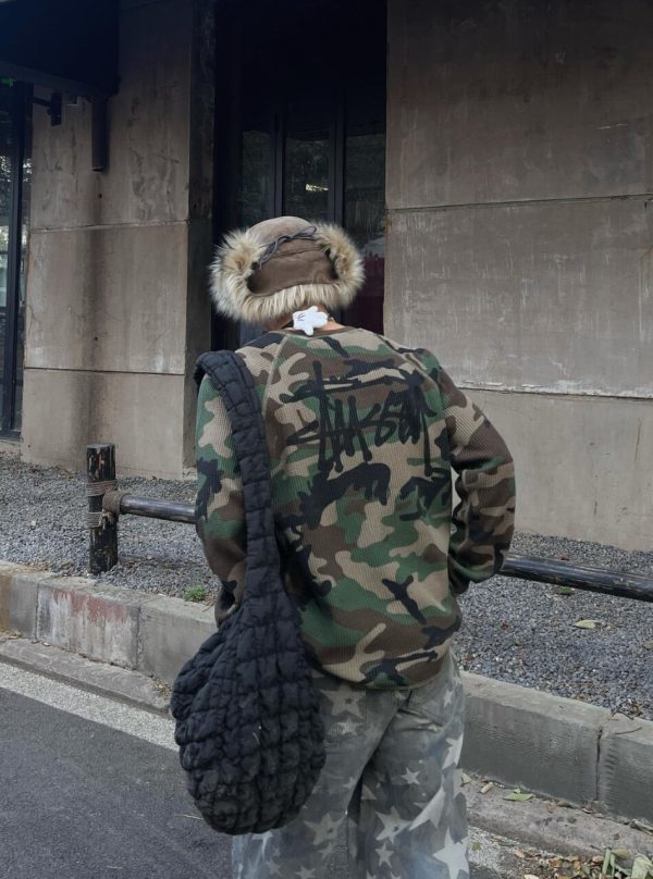 Stüssy Raglan Thermal Long-Sleeve Crew T-Shirt- Black Desert Camouflage