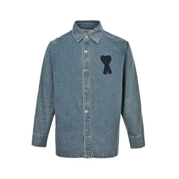 Ami de Coeur Heart Embroidered Denim Overshirt- Blue