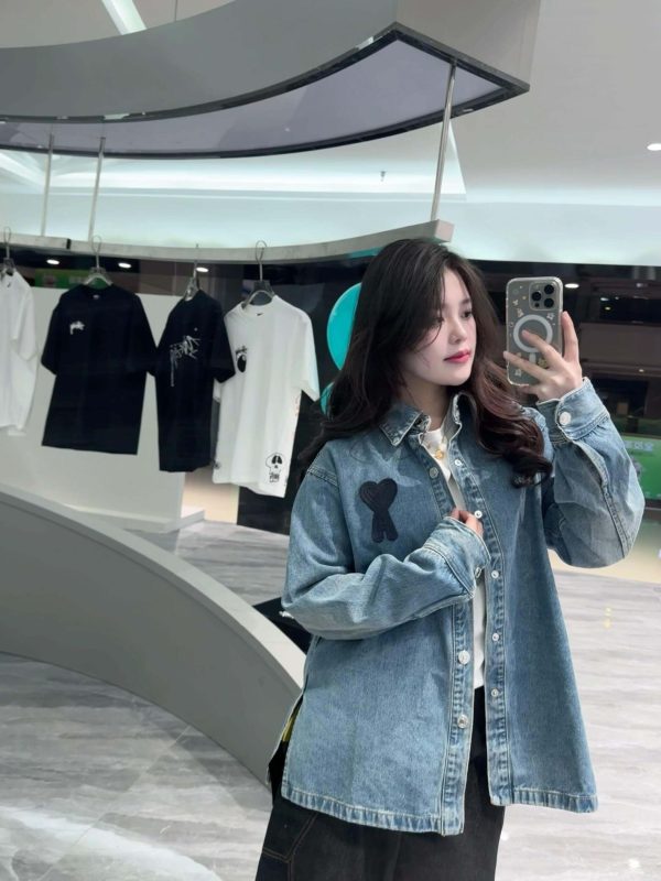 Ami de Coeur Heart Embroidered Denim Overshirt- Blue