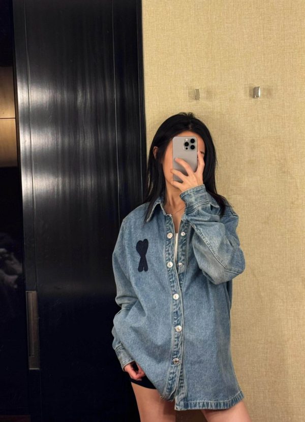Ami de Coeur Heart Embroidered Denim Overshirt- Blue