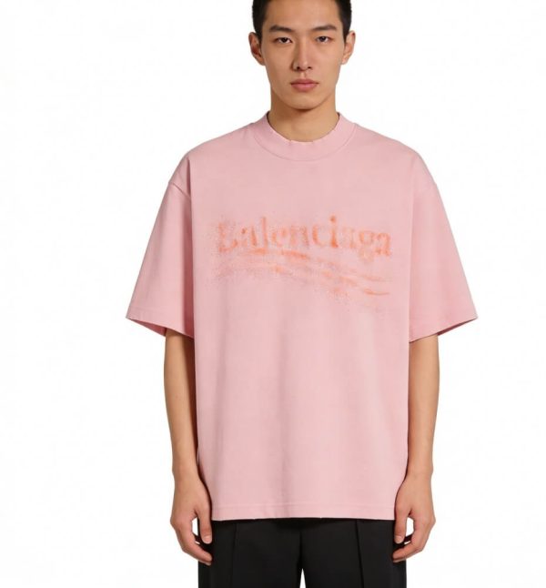 Balenciaga Cola Rhinestone Distressed T-shirt- Pink