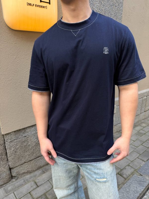 Brunello Cucinelli logo Short Sleeve- Navy Blue