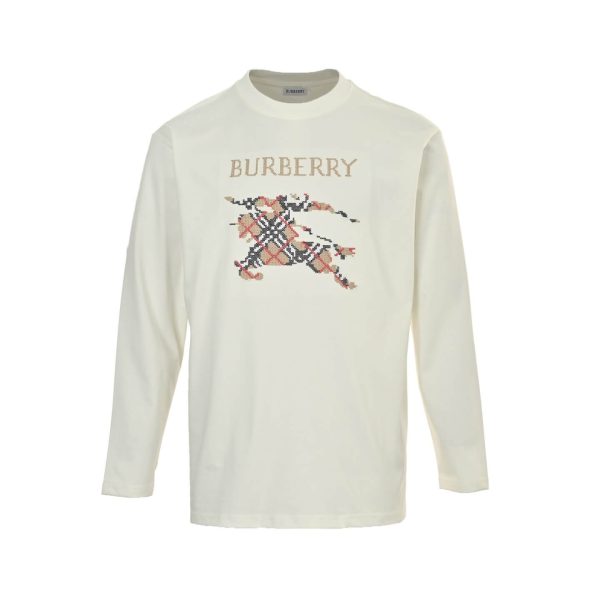 Burberry Check War Horse Embroidery Long-Sleeve T-Shirt- White
