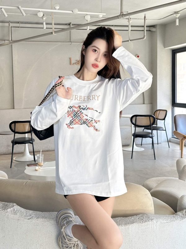 Burberry Check War Horse Embroidery Long-Sleeve T-Shirt- White