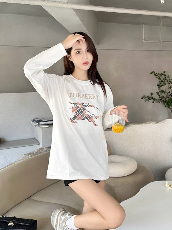 Burberry Check War Horse Embroidery Long-Sleeve T-Shirt- White