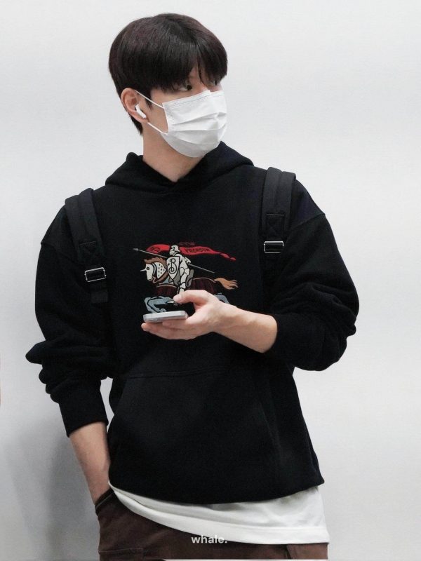 Burberry Color Logo Equestrian Embroidered Hoodie- Black