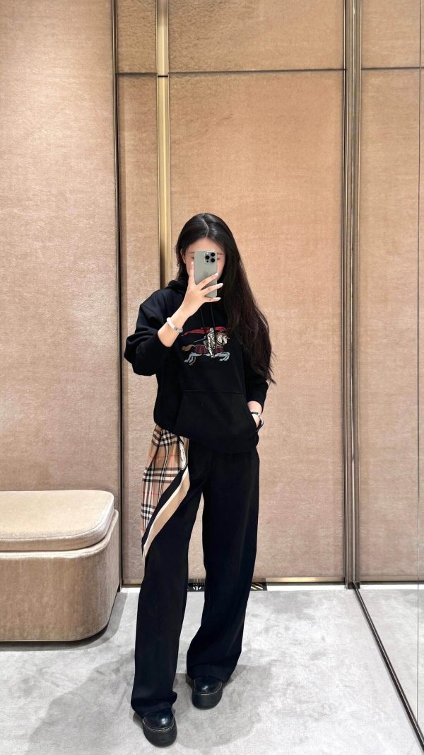 Burberry Color Logo Equestrian Embroidered Hoodie- Black