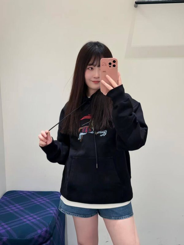 Burberry Color Logo Equestrian Embroidered Hoodie- Black