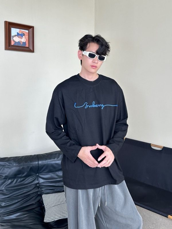 Burberry Long-sleeved Signature Logo Embroidery T-shirt- Black