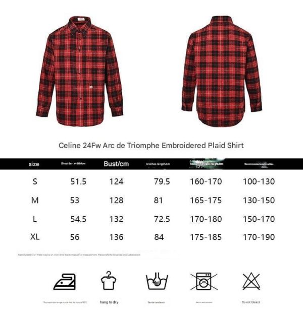 Celine Red Plaid Triomphe Embroidered Cotton Long-Sleeve Shirt- Red (11) Celine Red Plaid Triomphe Embroidered Cotton Long-Sleeve Shirt- Red