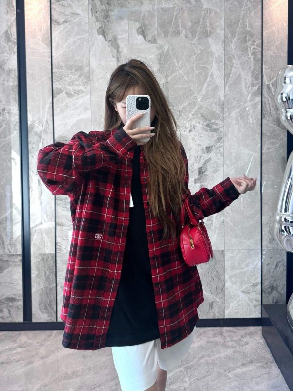 Celine Red Plaid Triomphe Embroidered Cotton Long-Sleeve Shirt- Red (2) Celine Red Plaid Triomphe Embroidered Cotton Long-Sleeve Shirt- Red