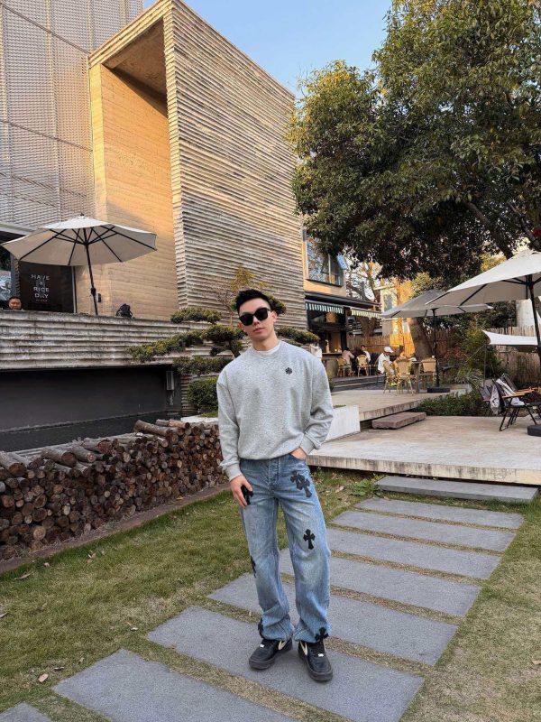 Chrome Hearts Black Leather Cross Logo Jeans- Light Blue