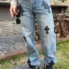 Chrome Hearts Black Leather Cross Logo Jeans- Light Blue