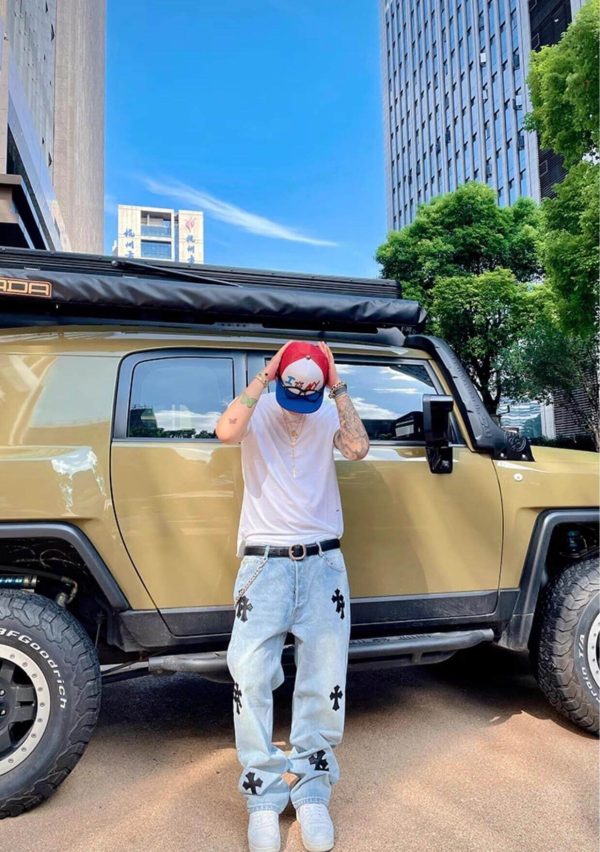 Chrome Hearts Black Leather Cross Logo Jeans- Light Blue