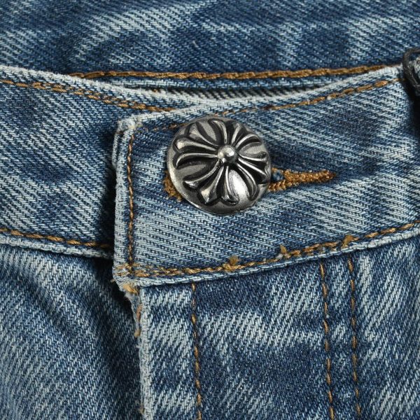 Chrome Hearts Black Leather Cross Logo Jeans- Light Blue