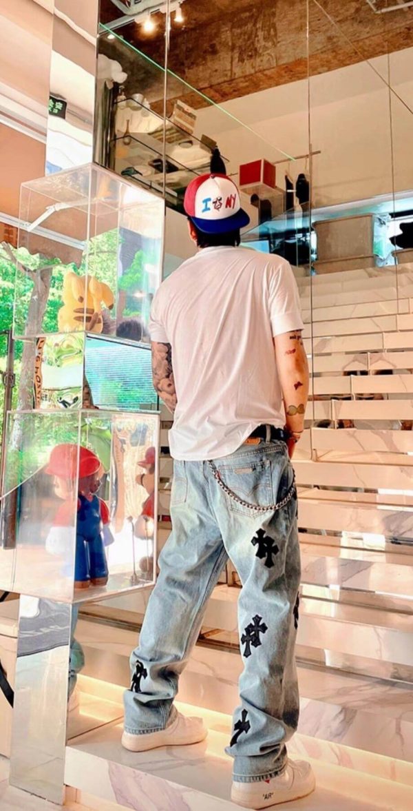 Chrome Hearts Black Leather Cross Logo Jeans- Light Blue