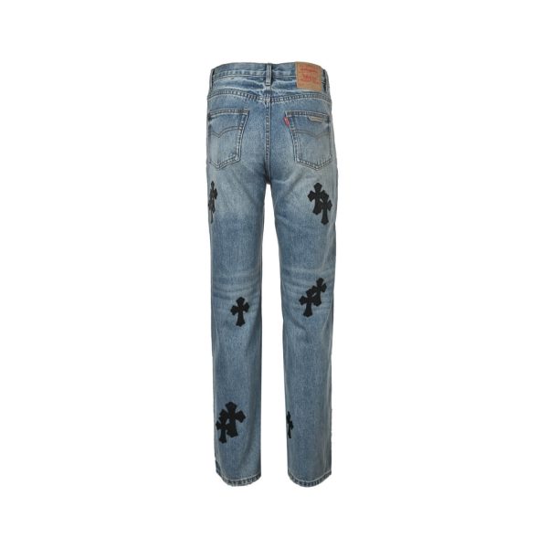 Chrome Hearts Black Leather Cross Logo Jeans- Light Blue