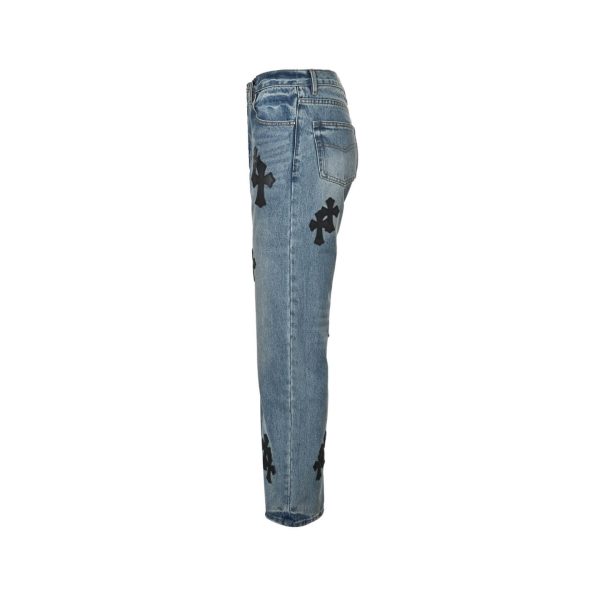 Chrome Hearts Black Leather Cross Logo Jeans- Light Blue