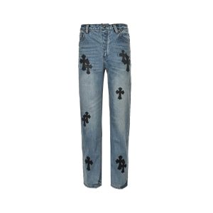 Chrome Hearts Black Leather Cross Logo Jeans- Light Blue