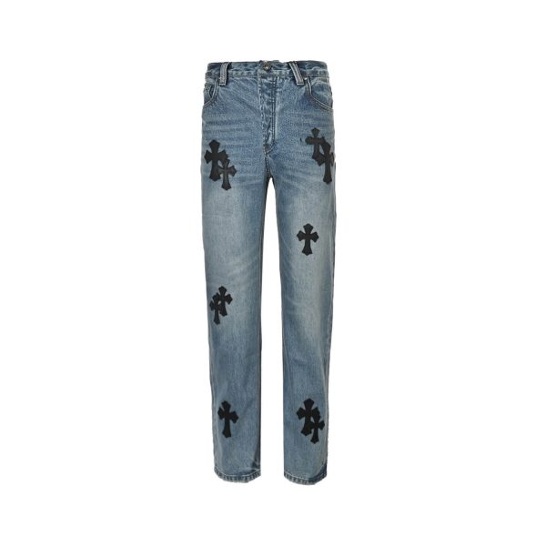 Chrome Hearts Black Leather Cross Logo Jeans- Light Blue