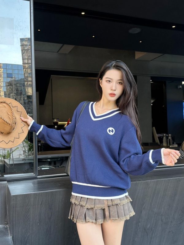 Gucci Style Double G Embroidered V-neck Sweater- Navy Blue