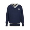 Gucci Style Double G Embroidered V-neck Sweater- Navy Blue