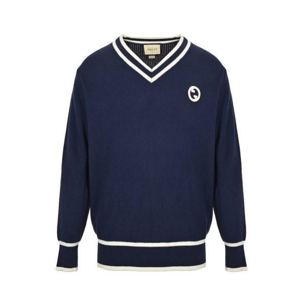 Gucci Style Double G Embroidered V-neck Sweater- Navy Blue