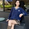 Gucci Style Double G Embroidered V-neck Sweater- Navy Blue