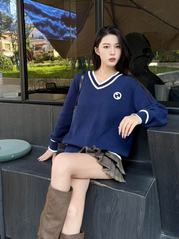 Gucci Style Double G Embroidered V-neck Sweater- Navy Blue