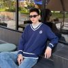 Gucci Style Double G Embroidered V-neck Sweater- Navy Blue