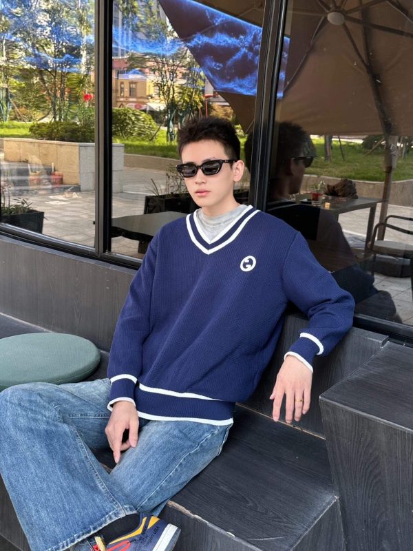 Gucci Style Double G Embroidered V-neck Sweater- Navy Blue