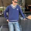 Gucci Style Double G Embroidered V-neck Sweater- Navy Blue