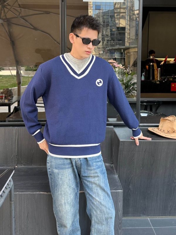 Gucci Style Double G Embroidered V-neck Sweater- Navy Blue