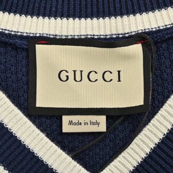 Gucci Style Double G Embroidered V-neck Sweater- Navy Blue