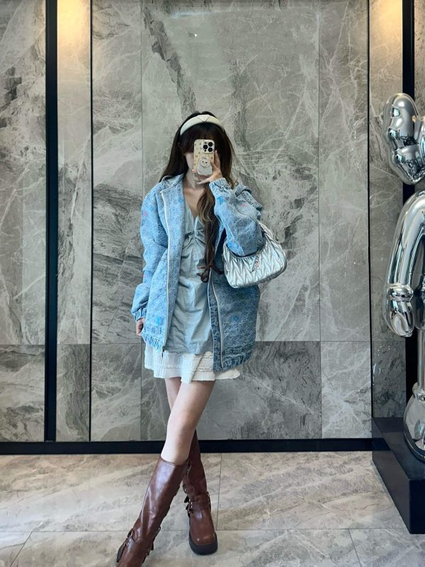 Louis Vuitton Embroidered Zip-Up Hooded Denim Jacket- Light Blue