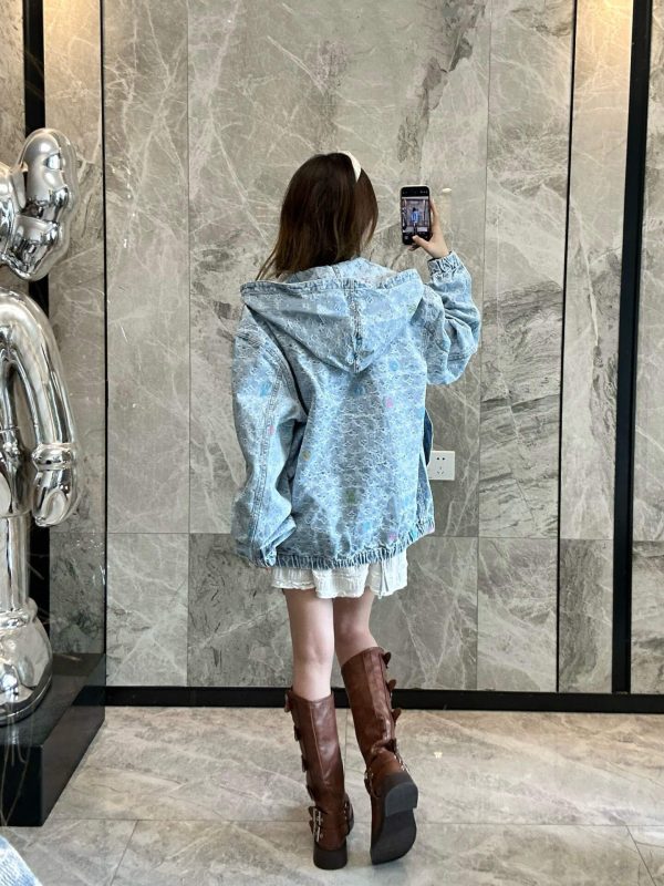 Louis Vuitton Embroidered Zip-Up Hooded Denim Jacket- Light Blue