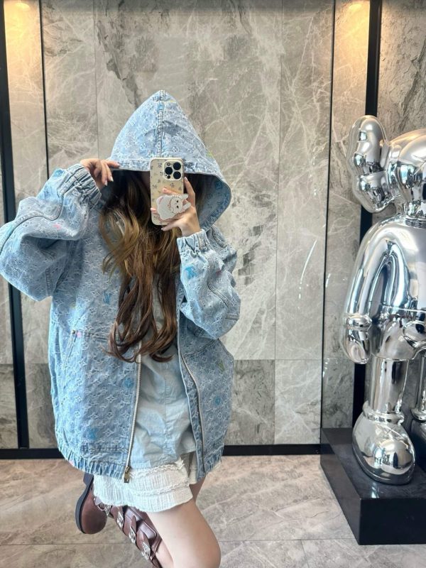 Louis Vuitton Embroidered Zip-Up Hooded Denim Jacket- Light Blue