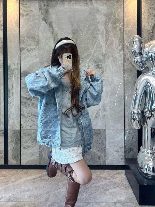 Louis Vuitton Embroidered Zip-Up Hooded Denim Jacket- Light Blue