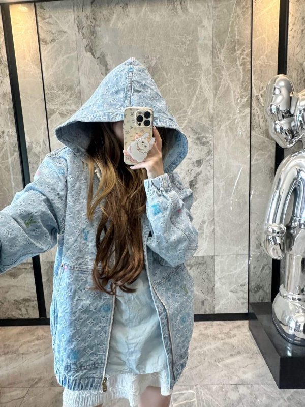 Louis Vuitton Embroidered Zip-Up Hooded Denim Jacket- Light Blue