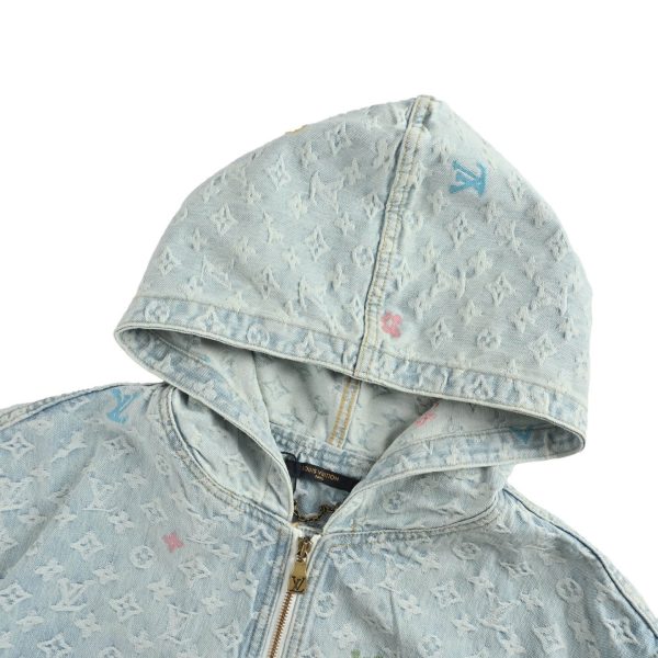 Louis Vuitton Embroidered Zip-Up Hooded Denim Jacket- Light Blue
