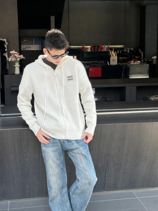 Miu Miu Appliqué Logo Embroidered Zip-up Hoodie- White